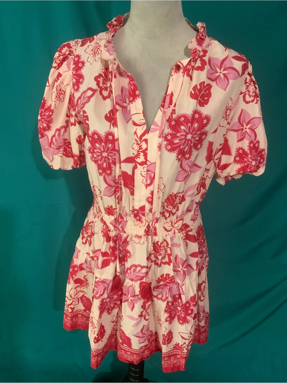PINCH “LANA” BOHEMIAN FLORAL TASSEL MINI DRESS, V-NECKLINE W/RUFFLE TRIM